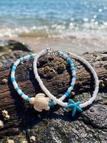 2pcs Bohemian Summer Ocean Style Beaded Anklets, Versatile Starfish & Turtle Bead Foot Jewelry, Gift Choice - Multicolor - View 4