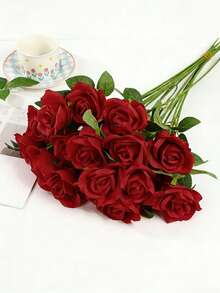 30pcs Artificial Burgundy Rose Flowers, Fake Roses, For DIY Wedding Bouquet, Valentine's Day Gift, Tabletop Decor, Bridal Shower, Valentine's Day, Mother's Day, Birthday Party Home Decoration - Burgundy - View 4