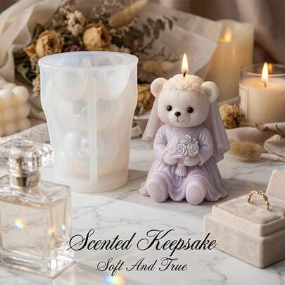 1个新娘泰迪熊3D易脱模硅胶蜡烛模具，婚礼头纱花束细节浇铸模具，适用于DIY蜡烛、肥皂、树脂、新娘送礼会装饰