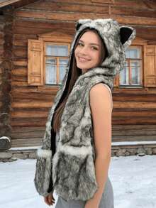 女士冬季围巾套装，灰色、白色、黑色混色，带帽蓬松围巾手套，仿毛皮质感，保暖又美观，适合秋冬季日常休闲穿着、卡通人物角色扮演，或为服装增添可爱元素，也是节日礼物之选。 - 彩色 - 查看 2