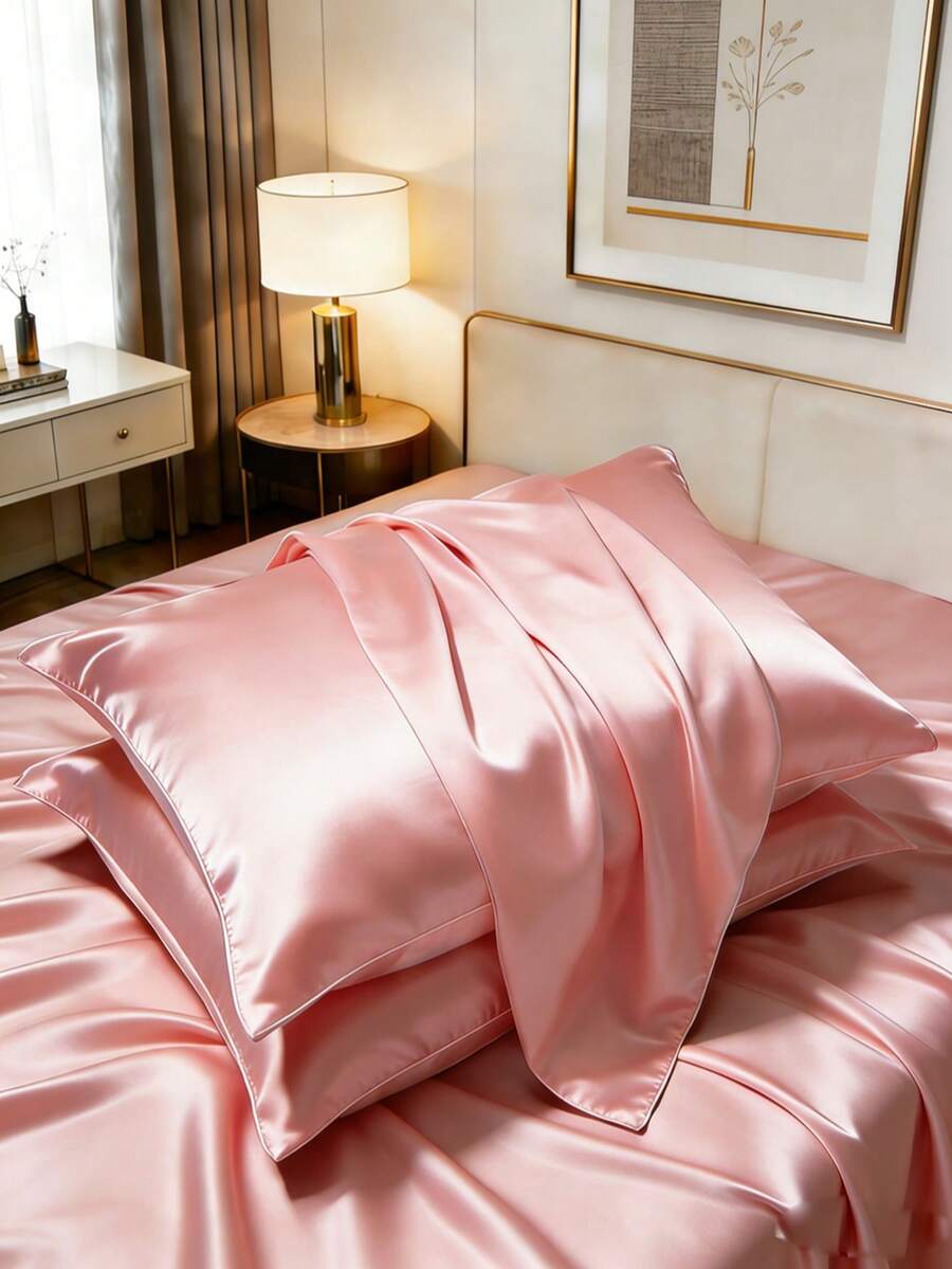 2pcs Satin Pillowcase, Soft & Silky Pillowcase For Hair & Skin Care, Envelope Closure (Pillow Insert Not Included), Pink - Pink - View 1