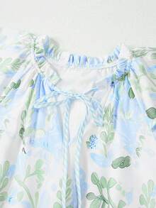 Acelitt Summer Light Blue Floral Contrast Edge Layered Short Sleeve Mini Dress Elegant Vacation - Baby Blue - View 6