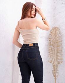 Calça Jeans Feminina Skinny Sawary Original Cintura Alta Lycra Elastano Resistente Confortável Lançamento Novidade - Azul Marinho - Visão 6