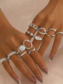 12 piezas Juego de anillos con tono dorado para mujeres - Anillos de declaración con cadena gruesa, asimétricos, geométricos, de perlas falsas, estilo bohemio Y2K retro, apilables, para uso diario y de fiesta - 12 piezas de perla - Ver 3