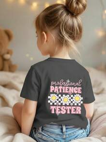 女童休闲印花圆领短袖T恤，夏季上衣 - 深灰色 - 查看 1