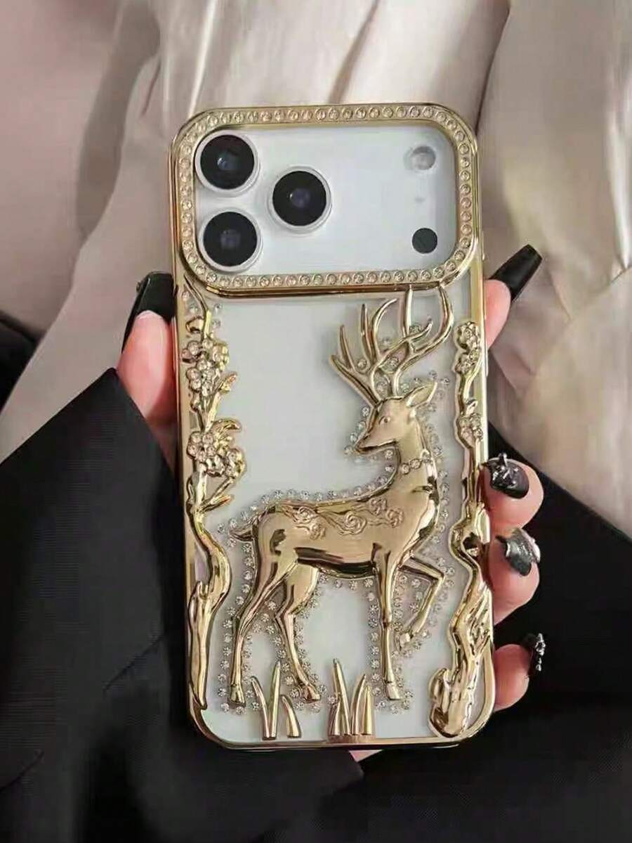 1pc Fashionable Electroplated 3D Rhinestone Deer Pattern Shockproof Phone Case Compatible With Apple 17 Pro Max, 16, 15, 14, 13, 12, 11 Series - Champagne - View 1