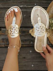 Women's Fashion Versatile Hollow Round Toe Flat Sandals, Vacation Style Holiday Beach Gold Sandals, Suitable For Summer - Gold - View 1