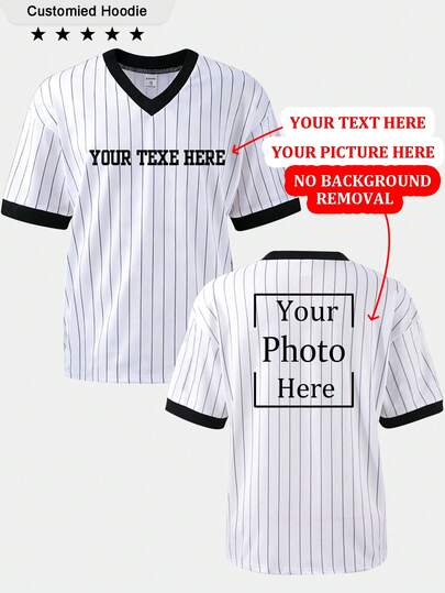 Customized V-Neck Black And White Striped Blouse - Reversible Fun Shirt, Can Print Your Logo/Photo/Pattern/Favorite Team Logo/Lucky Number - Add Your Text/Name/Lucky Number/Athlete Number/Anniversary Date To Design Your Own Personalized Printed Shirt For Party, Watching Games With Friends