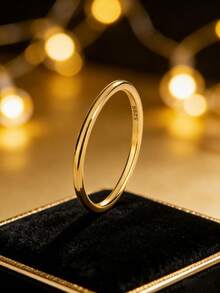 1枚925纯银镀14K金简约实心戒指，极简设计，精致日常银饰，送给女朋友的礼物 - 金色 - 查看 4