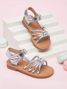 1 Pair Summer Party & Wedding Cute Striped Woven Hook And Loop Princess Style Lace Flat Sandals For Toddler Girls - Silver - View 5