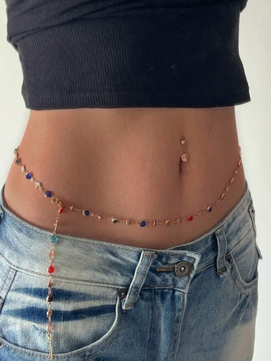 1pc Elegant Bohemian Style Colorful Gemstone Disc Long Waist Chain Body Jewelry, Suitable For Women's Daily Wear And Beach Vacation - Gold - View 1