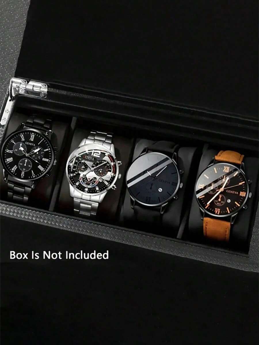 4 PCS Men's Watch Set, Quartz Watch With Round Dial And Stainless Steel And Imitation Leather Strap, Black And Brown Optional, Suitable As A Gift For Friends And Family - Black - View 1