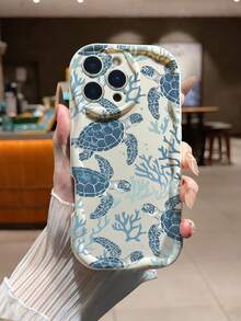 Cream Textured Wavy Edge Glossy Painted Sea Turtle Protective Phone Case Compatible With IPhone/ Galaxy / / - Multicolor - View 5