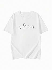 Women's Loose Round Neck Short Sleeve Cartoon Cat Print T-Shirt, Spring/Summer - White - View 4