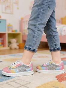 1 Pair 2026 New Rainbow Rhinestone Kids' Sneakers: Girls' Shiny Casual Shoes With Rhinestone Inlaid Rainbow Gradient Shoe Upper - Gold - View 3