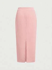 2pcs/Set Elegant Business Formal Suit Blazer + Slit Hem Skirt Outfit Pink Spring - Pink - View 9