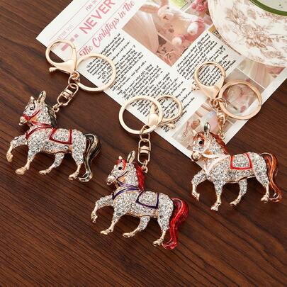女士配饰钥匙扣，新款跨境创意水钻闪亮可爱小马钥匙扣，包包钥匙扣挂件小礼物，闪亮蝴蝶波西米亚锌合金饰品，冬季