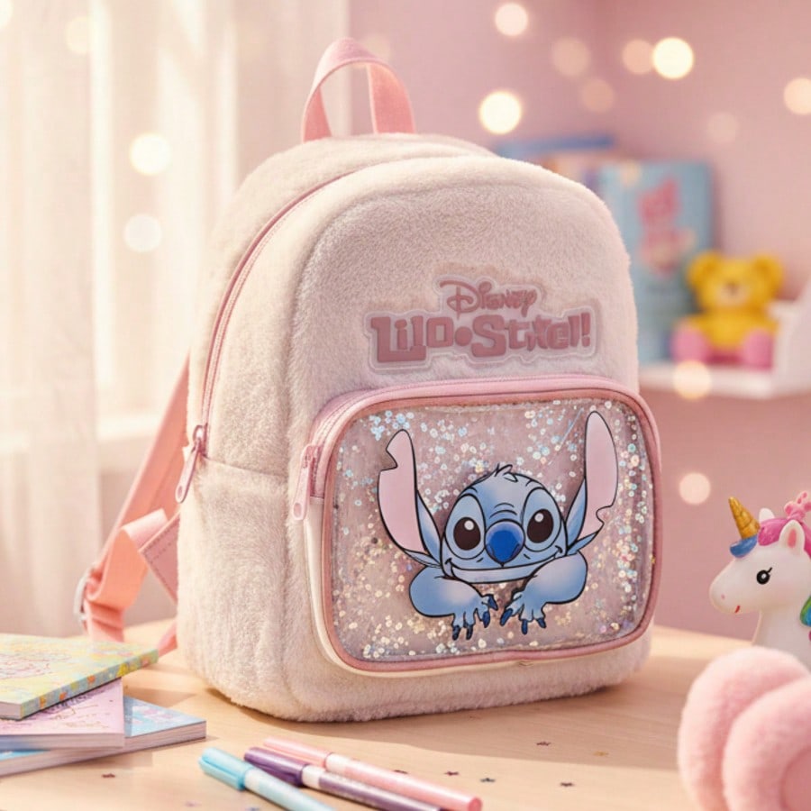 Lilo & Stitch Mini Plush Backpack, Cute Cartoon Furry Shoulder Bag With Shiny Front Pocket, Adorable Character Travel Outdoor Casual Bag, Fan Birthday Christmas Gift