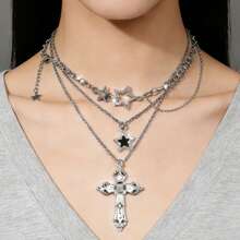 3pcs/Set Vintage Gothic Style Statement Star Charm Chunky Chain Necklace Set For Women, Punk Style - Silver - View 2