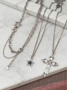 3pcs/Set Vintage Gothic Style Statement Star Charm Chunky Chain Necklace Set For Women, Punk Style - Silver - View 4