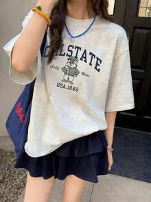 Women's Loose Fit Round Neck Short Sleeve T-Shirt With Letter & Cartoon Bear Print, Spring/Summer - Light Gray - View 1