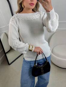 Women's Knit Blouse With Inverted Braid, Long Puff Sleeves, Ribbed Cuffs, Fashion Knitwear For Winter - Off - View 1