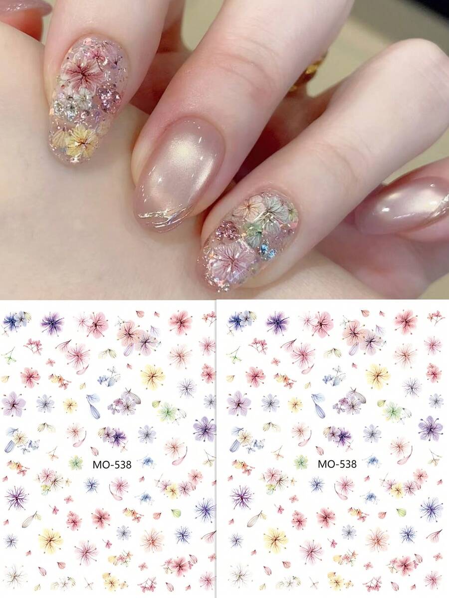 2pcs New Spring Wildflower Nail Stickers - Spring Dried Flower Design Including Various Blooming Floral Materials Nail Decals For Women For Nail Design Decoration DIY - Multicolor - View 1
