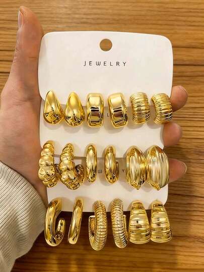 6-18件全新ABS树脂与CCB金色夸张C形水滴耳环套装，优雅简约风格