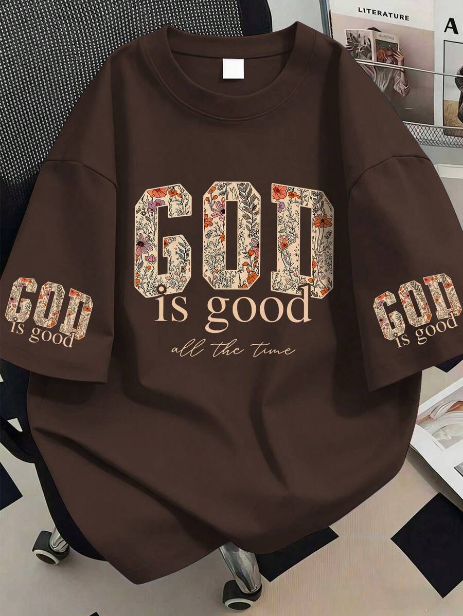 上帝永远是美好的花卉印花加大码女式T恤，基督教信仰图案休闲宽松夏季女式上衣 - 棕色 - 查看 1