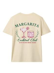Women's Loose Beach Denim Style T-Shirt, Soft Breathable Round Neck Tee Printed With "Margaret Cocktail Club Save Water Drink Margarita" Design, INS Summer Aesthetic Street Style, Suitable For Beach Vacation, Pool Party, Singles Party And Girlfriend Gathering - Apricot - View 2