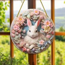 2D Acrylic Wall Hanging Decor, Easter Bunny Wreath Symbol, Pink Floral Bunny Ornament, Spring Home Decor, Round Hanging Ornament Suitable For Living Room & Bedroom, Rustic Style Art Pendant - Multicolor - View 6