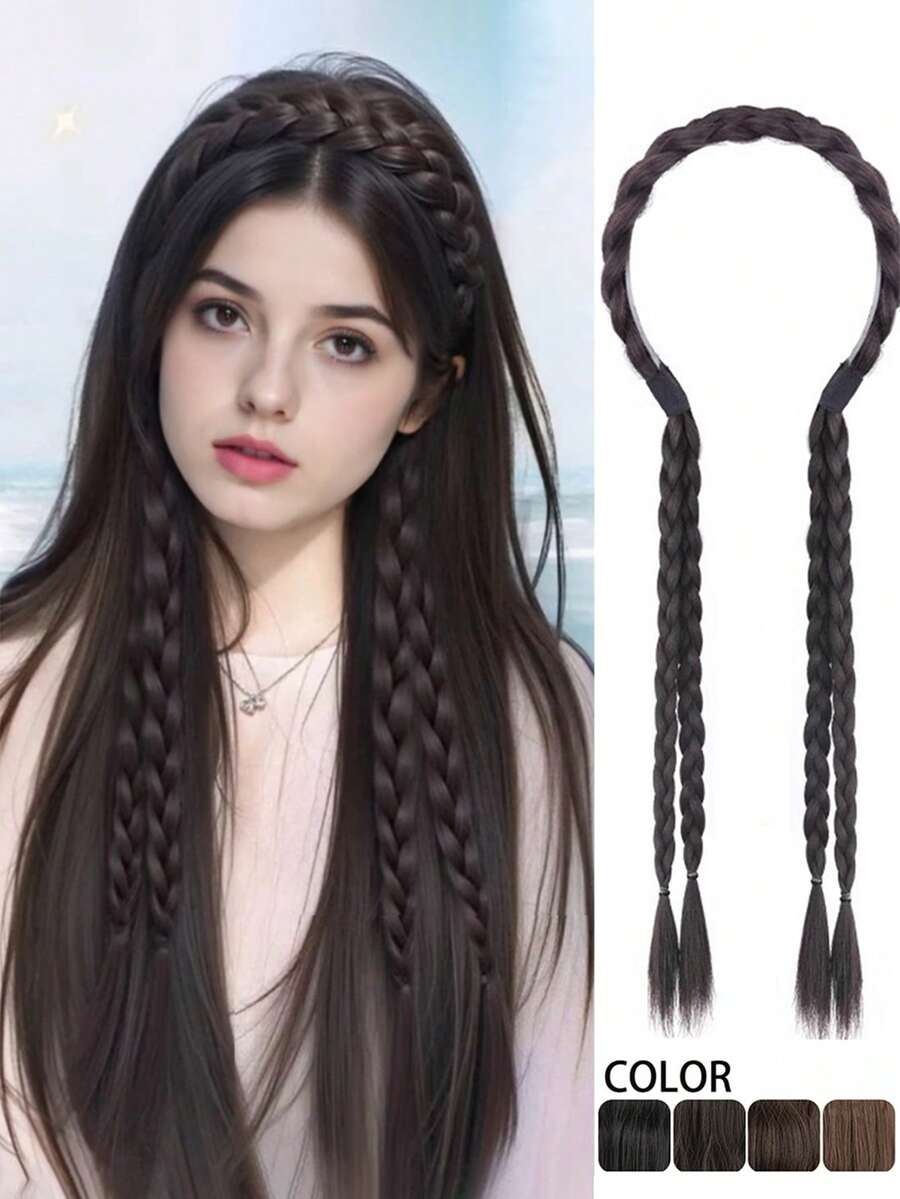 1pc Headband With Fake Braided Hair, Invisible Fishbone Braid Headband, High Crown Hair Clip Ponytail Accessory - Multicolor - View 1