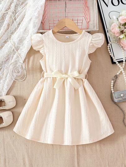 少女休闲提花纯色无袖圆领连衣裙+腰带，适合日常休闲外出、度假、聚会、户外活动、夏季穿着