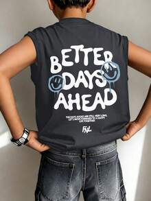 男童无袖印花背心，“美好未来”积极标语，涂鸦笑脸图案，休闲宽松版型，适合返校、滑板、日常休闲和夏季穿着。 - 深灰色 - 查看 1