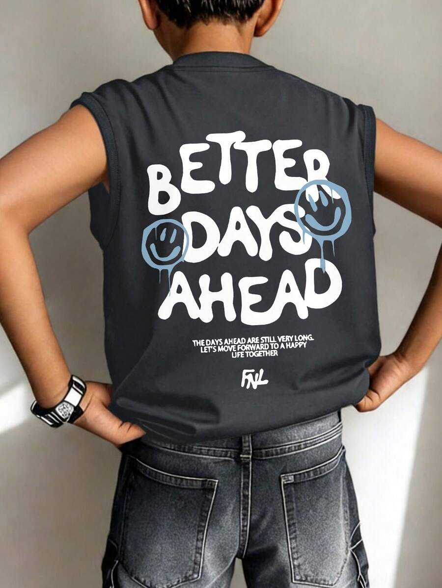男童无袖印花背心，“美好未来”积极标语，涂鸦笑脸图案，休闲宽松版型，适合返校、滑板、日常休闲和夏季穿着。 - 深灰色 - 查看 1