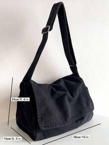 Vintage Minimalist Versatile Flap Shoulder Bag, Thick Washed Canvas Bag, Casual Versatile Large Capacity American Messenger Bag, College Style Japanese University Student Schoolbag, Short Trip Travel Bag, Simple Street Cloth Bag, Black Crossbody Bag , Old Money - 黑色 - 查看 2