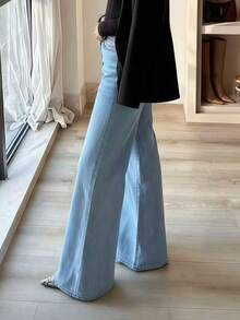 新款女士高腰弹力阔腿牛仔裤，百搭经典，舒适亲肤 - 淺色水洗藍 - 查看 4