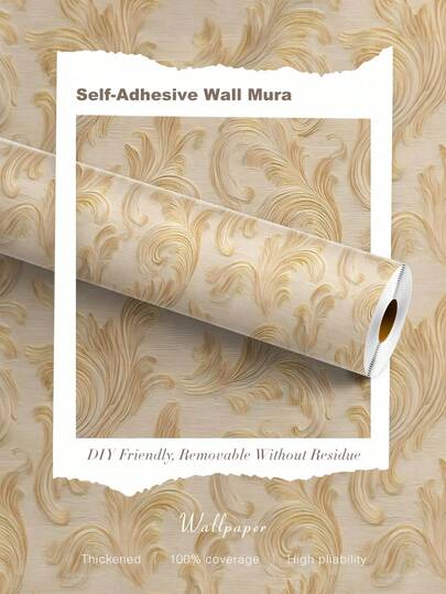 BVL 1 Roll 0.24mm Beige Gold Patterned Vinyl Wallpaper Peel And Paste Removable Self-Adhesive Wall Wallpaper Decorative Wall Stickers Home Decoration And Accessories Living Room Decoration And Accessories Kitchen Wallpaper