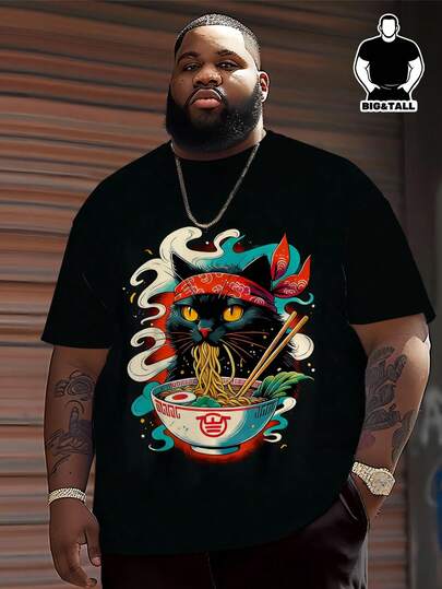 Plus Size "Eat Rice Cat" Graphic T-Shirt, American Streetwear Style Heavyweight Black Short Sleeve Tee For Men, Japanese Ukiyo-E High Saturation Contrasting Color Bandana With Black Cat & Ramen Print, Vintage Japanese Smoke Pattern, Loose Fit Slimming Design