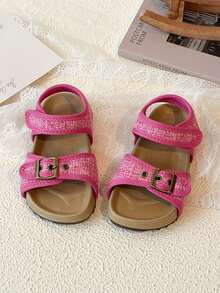 1 Pair Vibrant Girls' Sandals, Knitted Upper, Anti-Slip Thick Sole, Children's Minimalist Flat Sandals, Retro Style, Suitable For Daily Wear, Parties, Play, And Vacation In Summer - Hot Pink - View 2