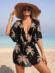 Áo kimono lưới xuyên thấu in họa tiết cây cọ dành cho nữ, cổ chữ V, tay cánh dơi, áo khoác ngoài bikini mùa hè chống nắng cho kỳ nghỉ. - màu đen - Xem 4
