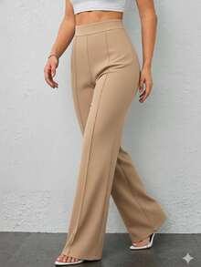 Pantalón Wide  Elegante Con Pinzas Frontales Y Tiro Alto - Pantalón De Vestir Formal Pierna Ancha Para Mujer. Pantalón Sastre De Cintura Alta Que Estiliza La Figura. Calidad Premium Garantizada. - Beis - Ver 3