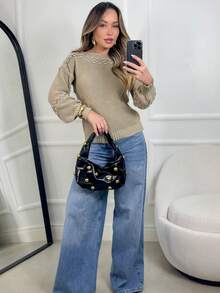 Women's Knit Blouse With Inverted Braid, Long Puff Sleeves, Ribbed Cuffs, Fashion Knitwear For Winter - Sand - View 5