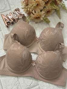 Set Of 2 Lace Bras With Padded Cups, Adjustable Straps, Reinforced Underwire, Polyamide Bras For Comfort And Support - 2 Beige - View 1