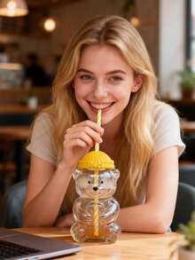 1个熊形玻璃吸管杯，带盖，透明，高档果汁/冷饮/咖啡杯，居家/办公情人节礼物 - 彩色 - 查看 4