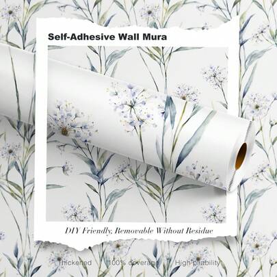 BVL 1卷 0.24毫米 水彩花卉绿植图案乙烯基壁纸，可剥离粘贴，可移除自粘墙纸，装饰墙贴，家居装饰及配件，客厅装饰及配件，厨房壁纸