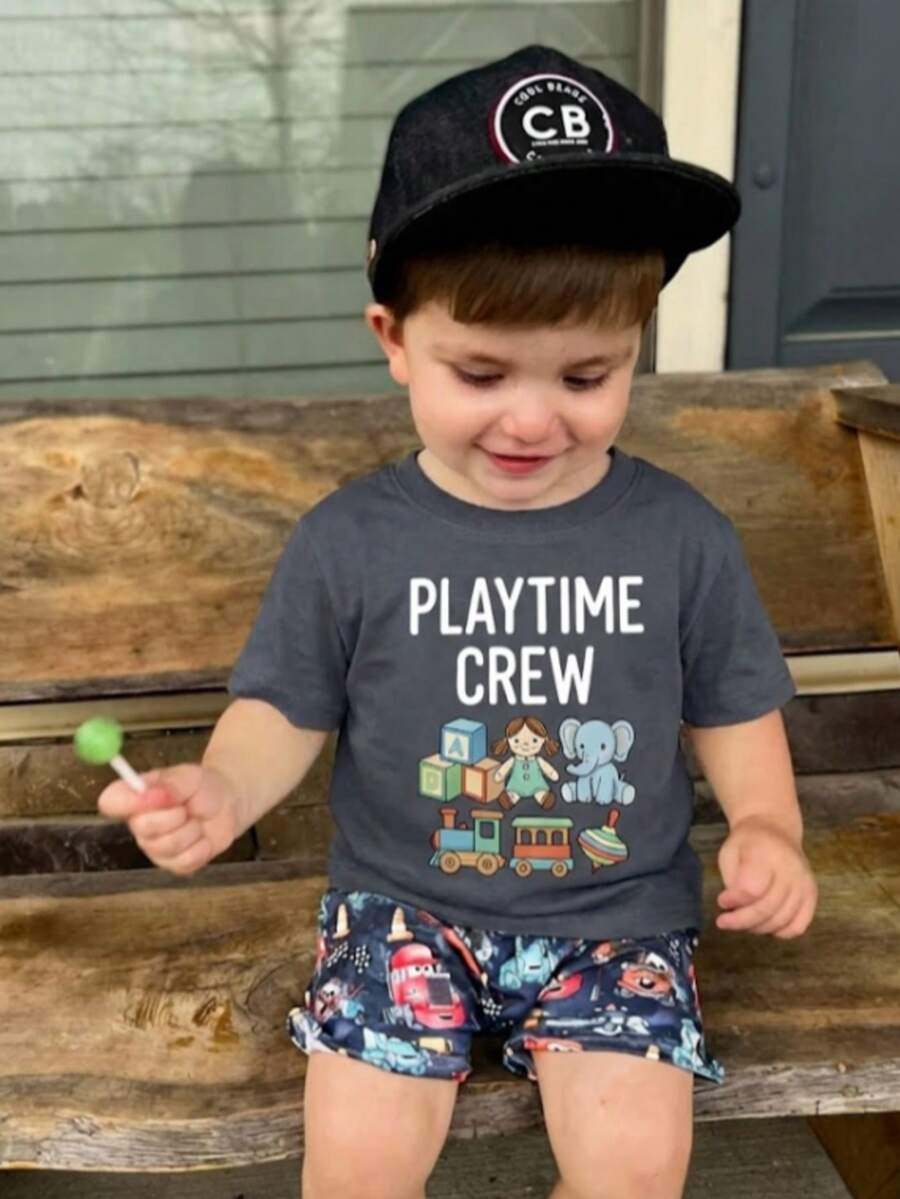 1pc Young Boy Casual Printed Round Neck Short Sleeve T-Shirt, Summer Student Wear - A And Versatile T-Shirt That Brings Joy And Happiness To Every Child! - Dark Grey - View 1