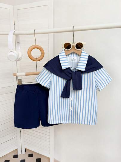 3pcs/Set Young Boy Summer Casual Striped Collared Short Sleeve Shirt & Matching Blue Shawl & Shorts Outfit, Suitable For Daily, Outdoor, School, Commute, Street, Holiday, Party, Photoshoot