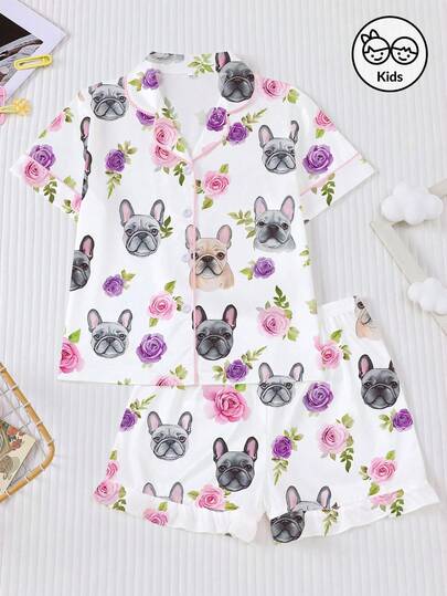 Cute Cartoon Bulldog Print Children's Casual Pajama Set, Including Collared Short Sleeve Top And Loose Elastic Waist Ruffle Hem Shorts, All-Over Bulldog And Floral Pattern Print, Suitable For Kids And Older Children Everyday Wear And Loungewear, 2pcs Set