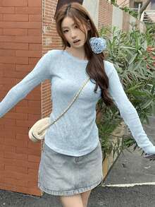 女士修身圆领T恤，防晒，韩版，春夏款 - 淺藍色 - 查看 2